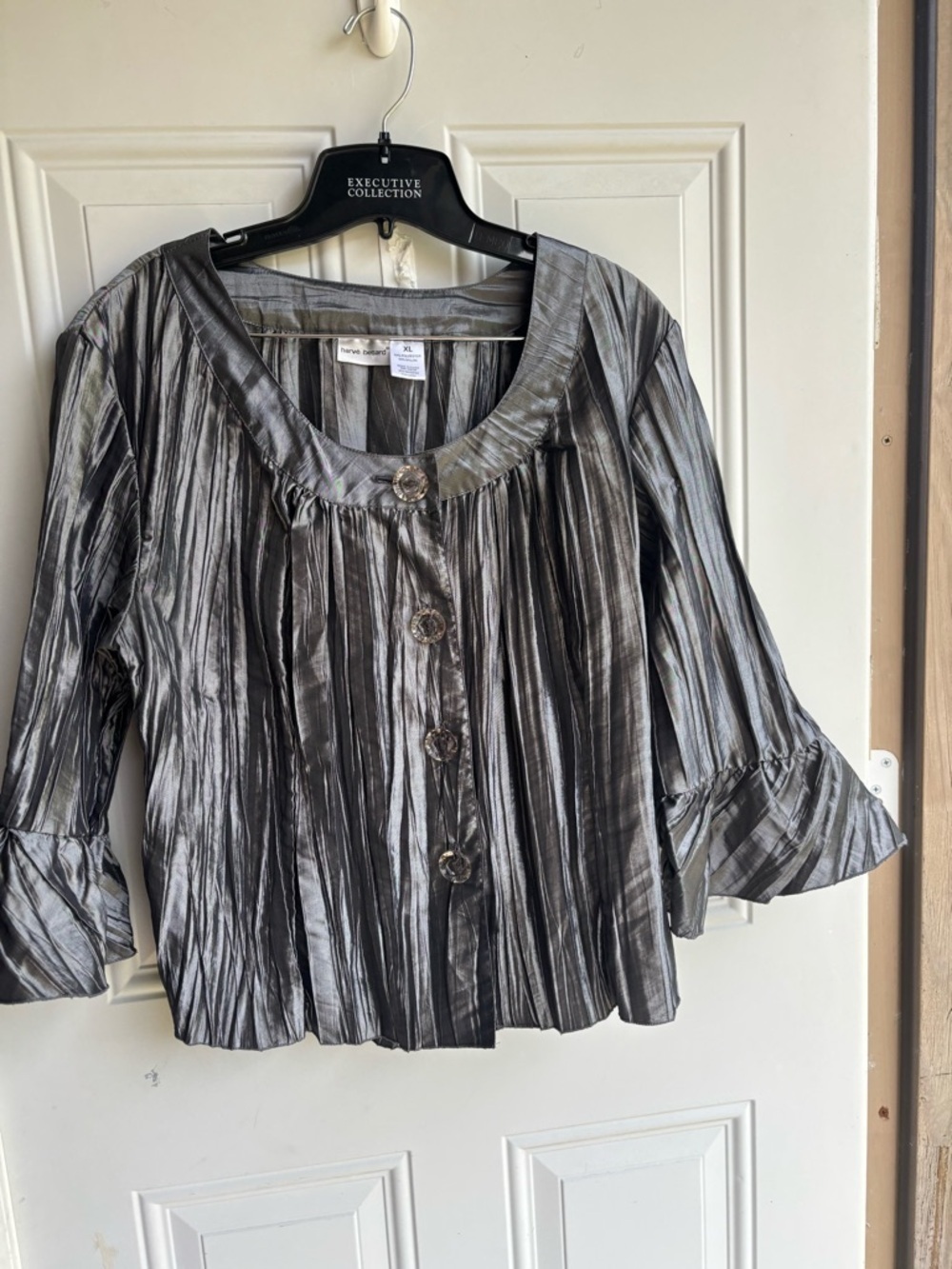 Harve Benard Metallic Silver Pleated Button Front Blouse